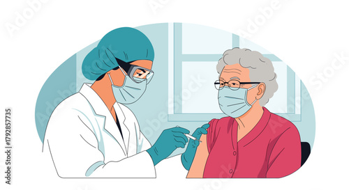 An illustration of a medical professional administering a vaccine to an elderly person.