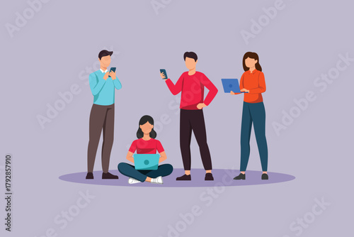 online community with members holding gadgets. community concept. colored flat vector illustration isolated