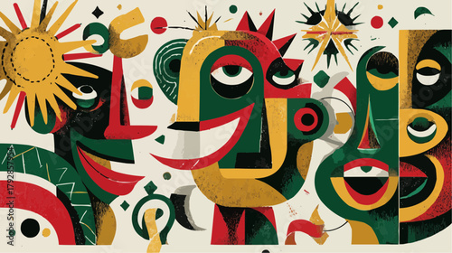 Abstract festive artwork with colorful geometric faces and decorative shapes in red, green and gold, celebrating winter holidays