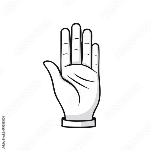 Stylized hand raised with open palm and fingers spread, a graphic representation of gesture or communication