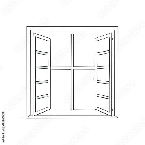Casement window illustration depicting an open position with four panes of glass for interior design drafts