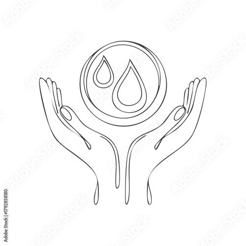 Hands cupping water drops in a circle outline, symbol of care and preservation