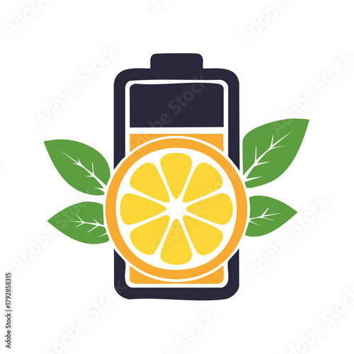 Orange slice battery symbol with green leaves representing energy and freshness
