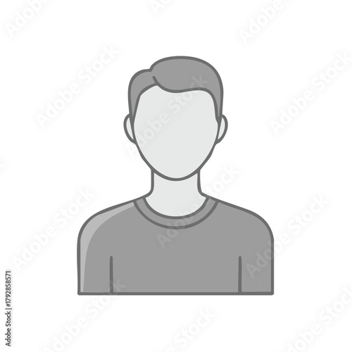Stylized illustration of a person's head and shoulders with a neutral expression, gray tones