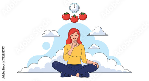 A woman meditates with tomatoes and a clock above her head in a serene setting with clouds.
