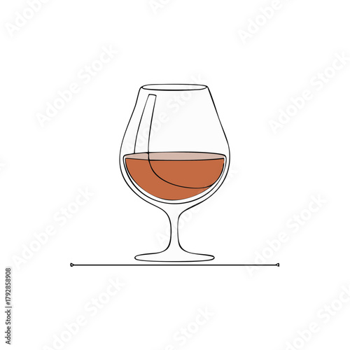 Minimalist single line drawing of a brandy snifter glass filled with amber liquid