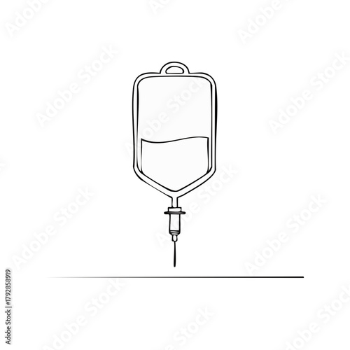 Medical illustration of an IV drip bag and needle, line art
