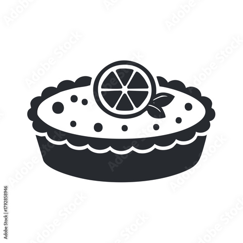 Monochrome dessert icon with a lemon slice and mint leaves on a tart