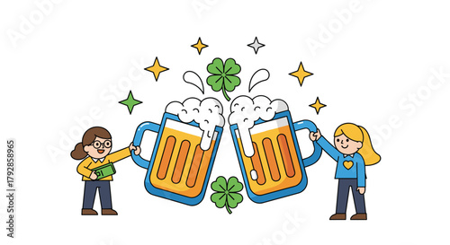 Two happy people clinking beer mugs together in celebration.