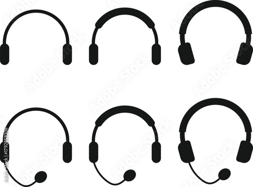 Headphone Icon Set. Headset and Digital Communication Icons collection. Audio Listening and Music Symbol. Listening Equipment and Volume Control