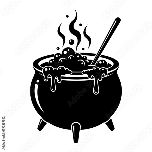 Black silhouette of a witchs cauldron bubbling with a potion and steam rising