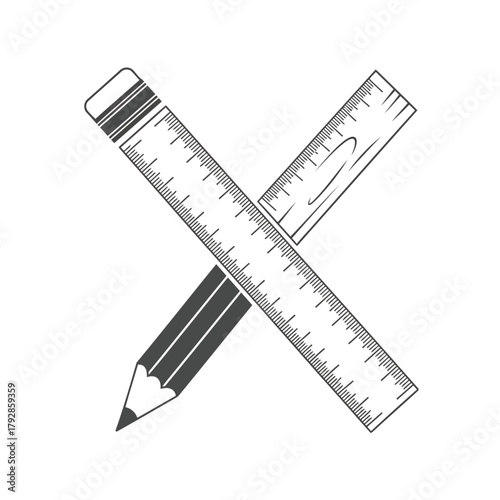 A pencil and a ruler crossed, , representing education, measurement, and creativity
