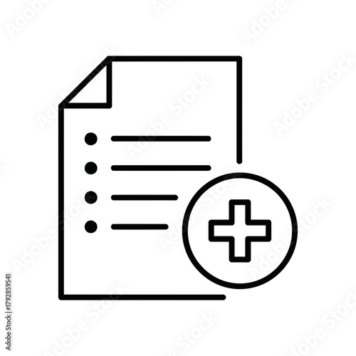 A black and white line drawing of a document with a list and a plus sign in a circle