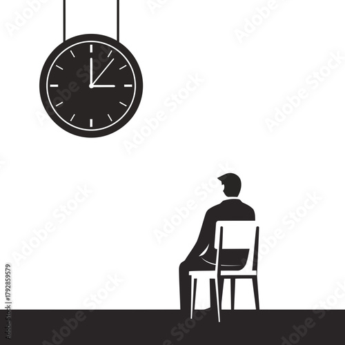Silhouette of a man sitting on a chair, looking at a clock on the wall