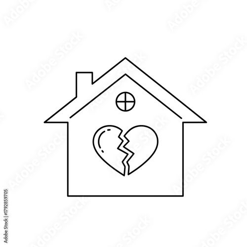 Broken heart inside a house outline, symbolizing relationship problems, divorce, or family conflict
