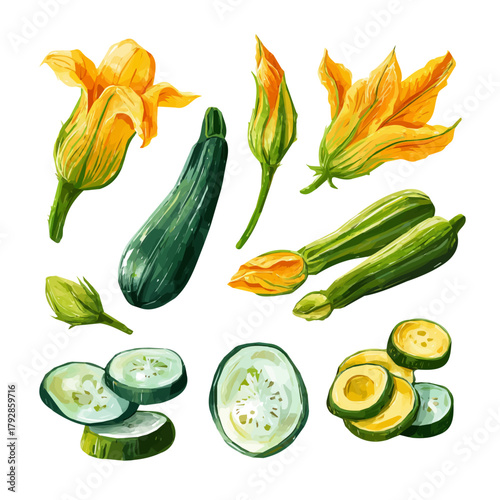 An EPS format illustration, vector, simple flat 2D icon, minimalist design, icon set, A Simple 2D Vibrant Field Zucchini slices and flowers Collection illustration isolated on a white background