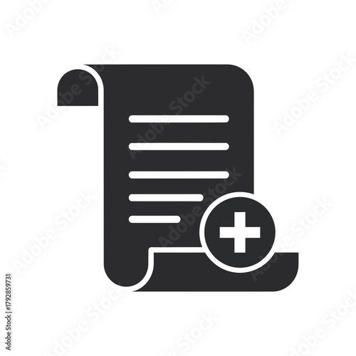 Black icon of a document with a plus sign in a circle, symbolizing adding a new document, creating a record, or a new entry