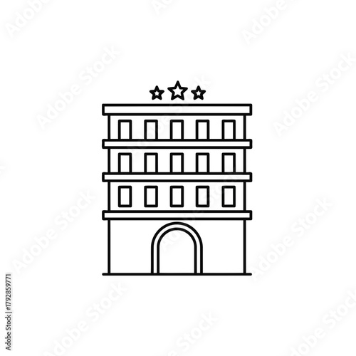 Simple line art icon of a threestar hotel building with arched entrance