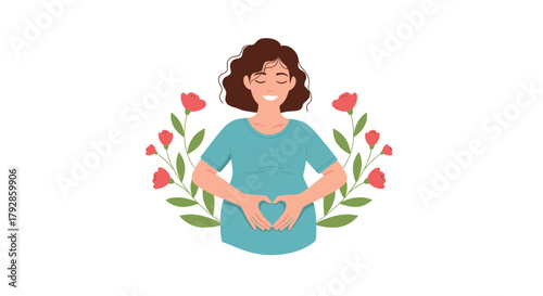 A joyous expectant mother forms a heart shape over her baby bump surrounded by delicate flowers and leaves.