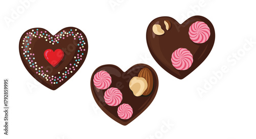 Three heart shaped chocolates with decorative toppings and fillings for celebrating love and sweetness.