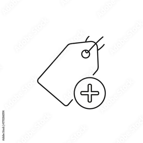 Line art icon of a price tag with a plus sign in a circle, representing adding a new item or sale