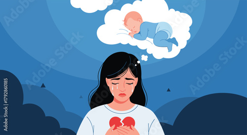 A grieving mother holds a broken heart while imagining a sleeping baby in a thought bubble.