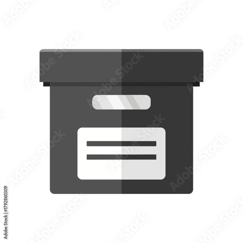 A dark grey cardboard storage box with handles and a label area