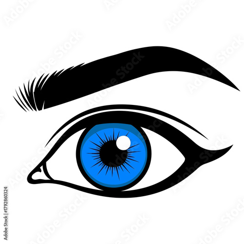 A stylized illustration of a bright blue human eye with a black eyebrow, isolated on a