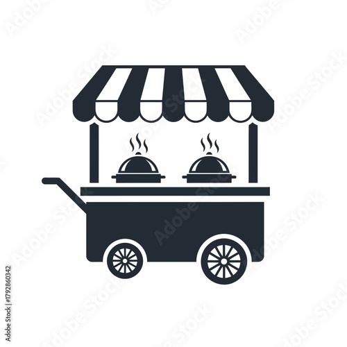 Food cart with steaming dishes under a striped awning