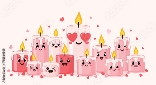A collection of adorable pixel art candles with heart shaped eyes scattered across a light pink background.