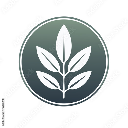 Stylized white plant branch emblem inside a circular gradient background with a thin border