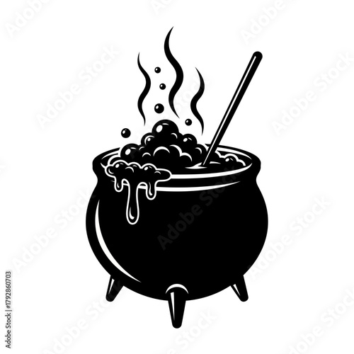 A black cauldron bubbling with a potion and steam rising, with a stirring stick
