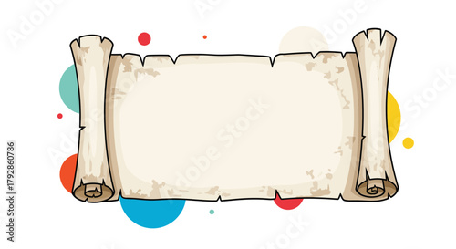 An ancient scroll with colorful bubbles floating around it for a playful and engaging presentation