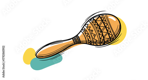 A colorful maraca with a lively pattern is depicted with energetic scribbles in a playful and artistic illustration.