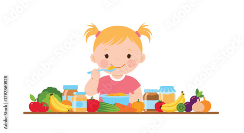 A young child enjoys eating nutritious baby food surrounded by fresh fruits and vegetables.