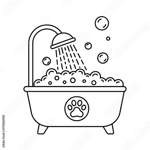 Bathtub filled with bubbles and water, with a shower head running, and a paw print emblem