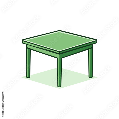 Green square table in cartoon style with four legs and subtle shadow below, isolated on white