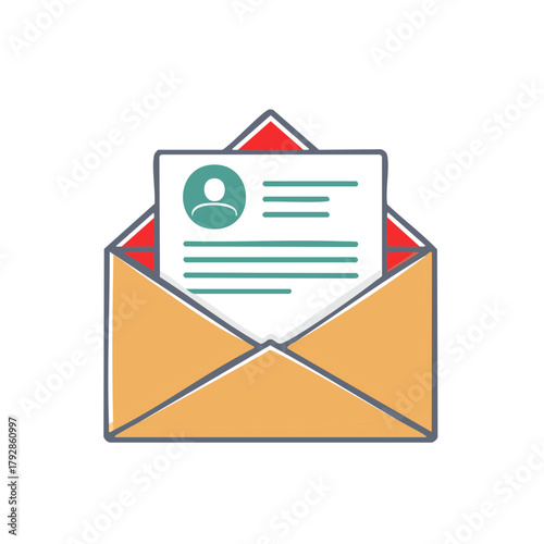 Email message with profile icon and text in an open envelope