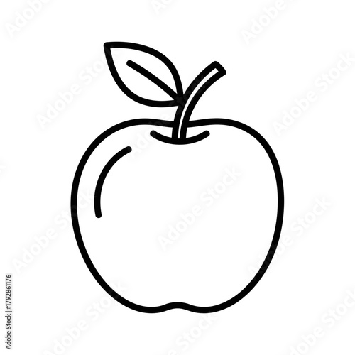 Simple line drawing of a fresh apple with a stem and leaf