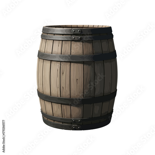 A weathered wooden barrel with metal hoops