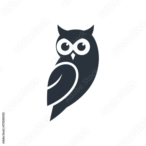 Stylized dark blue owl logo with large eyes and a white outline