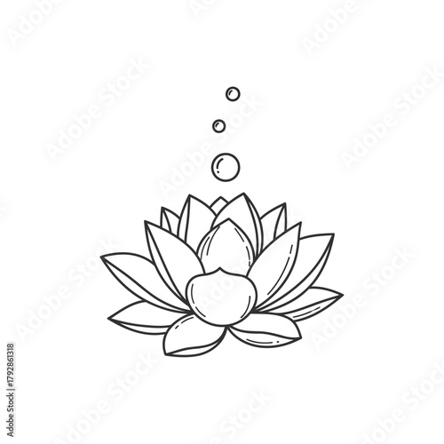 Handdrawn black and white sketch of a lotus flower with three small circles above