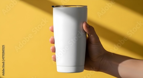 Hand holding white tumbler mockup on yellow background