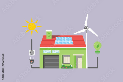 sustainability home house with turbine and solar power. sustainability home concept. colored flat vector illustration isolated