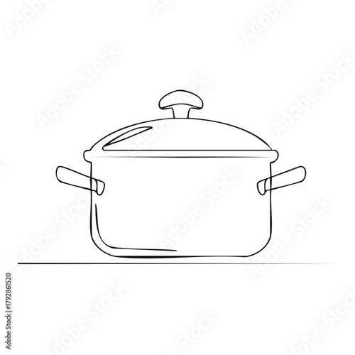 Simple continuous line drawing of a cooking pot with lid and handles on a surface