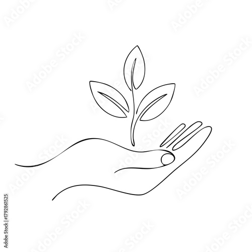 Hand cradling a young plant seedling with leaves in a minimalist line art style