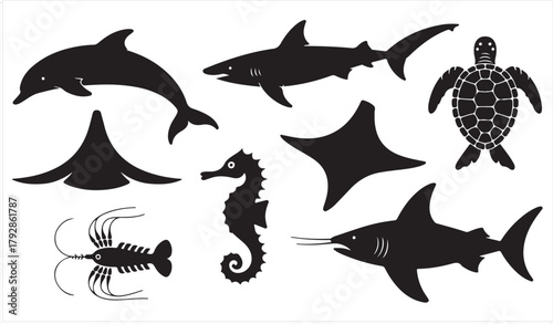 Black silhouette collection of sea animals for ocean-themed design