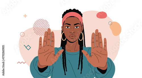 A woman with her hands raised signaling to stop.