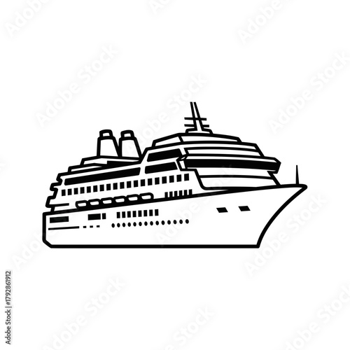 Detailed line drawing of a large cruise ship with multiple decks and smokestacks, sailing on water