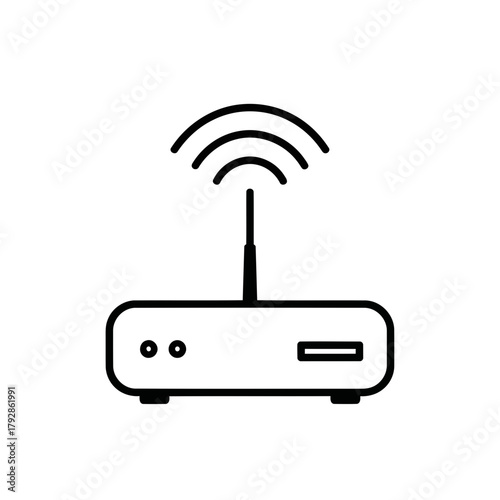 A black and white outline icon of a wireless router with wifi signal